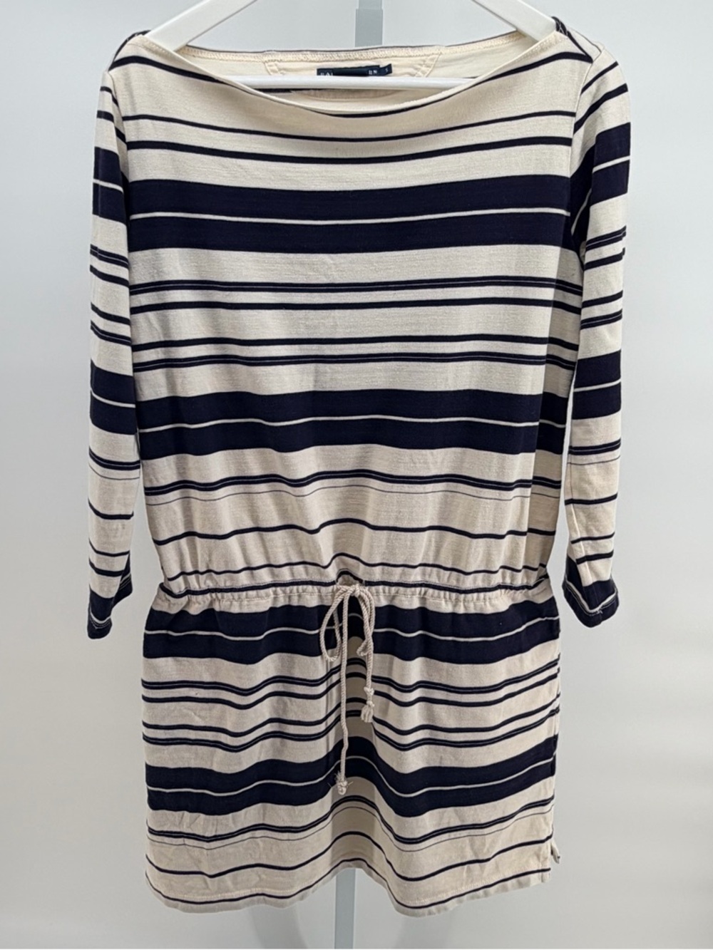Ralph Lauren Blue Label Navy and Cream Striped Long Sleeve Drawstring Dress